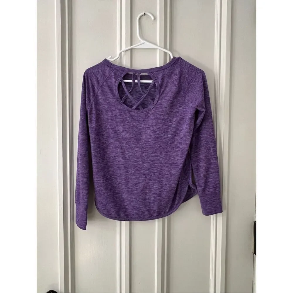 DSG girl's purple heather long sleeve atlethic top with open strappy back M/10-1